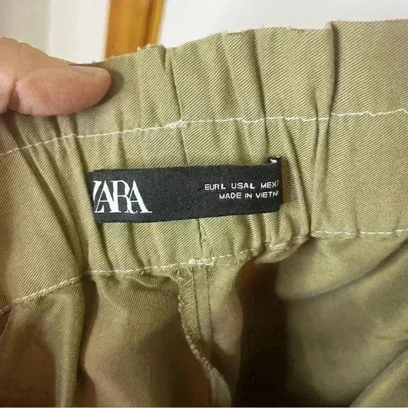 Zara Pull On Pants Women Large Khaki Elastic Wideband High-rise Button Detail - Picture 5 of 8